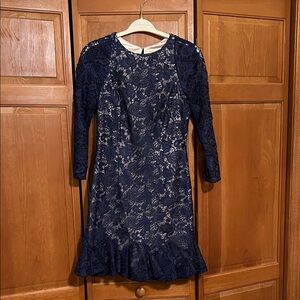 Monique Lhuillier Navy Blue Lace 3/4 Sleeve Dress with Ruffle Hem